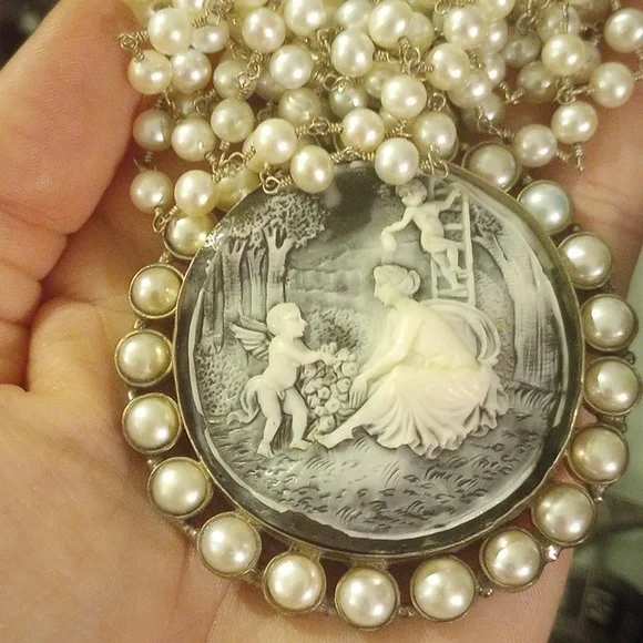 SaFia Signed Longer Pearl Necklace with Silver Cameo Pendant.